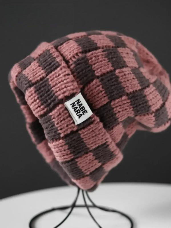 Checkerboard Knit Beanie – Trendy Cuffed Winter Hat, Casual Streetwear Accessory for Men & Women