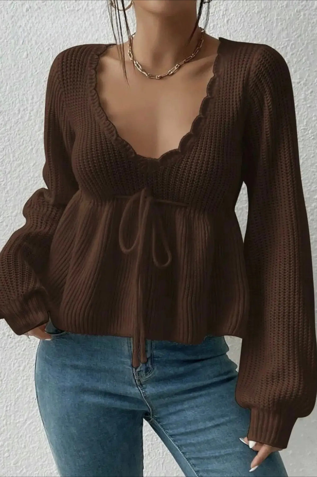 Women’s Deep V-Neck Peplum Knit Sweater – Scallop Trim Tie-Front Top with Bishop Sleeves, Feminine Fall Knitwear