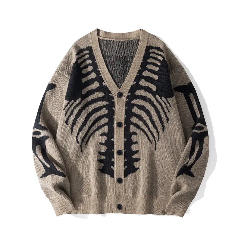 Men’s Skeleton Rib Cage Knit Cardigan – Gothic V-Neck Button-Up Sweater, Oversized Halloween Streetwear