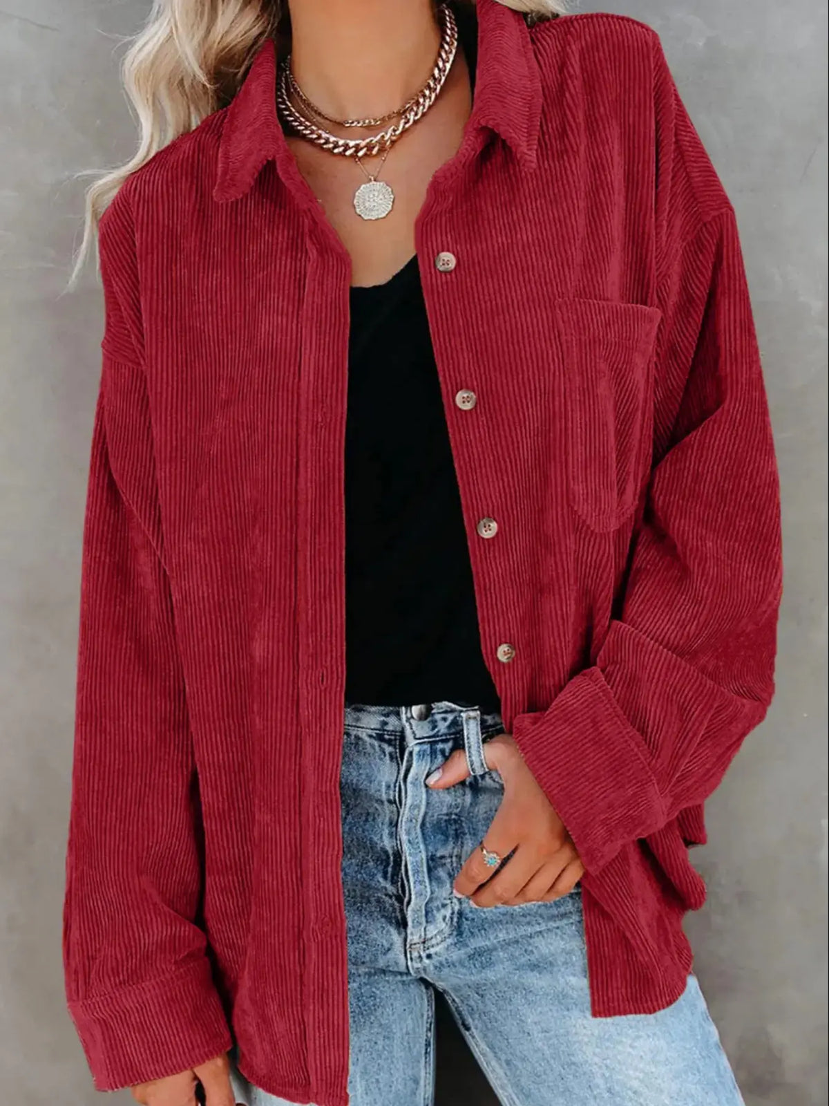 Women’s Oversized Corduroy Button-Down Shirt – Casual Long Sleeve Pocket Shacket with Drop Shoulder