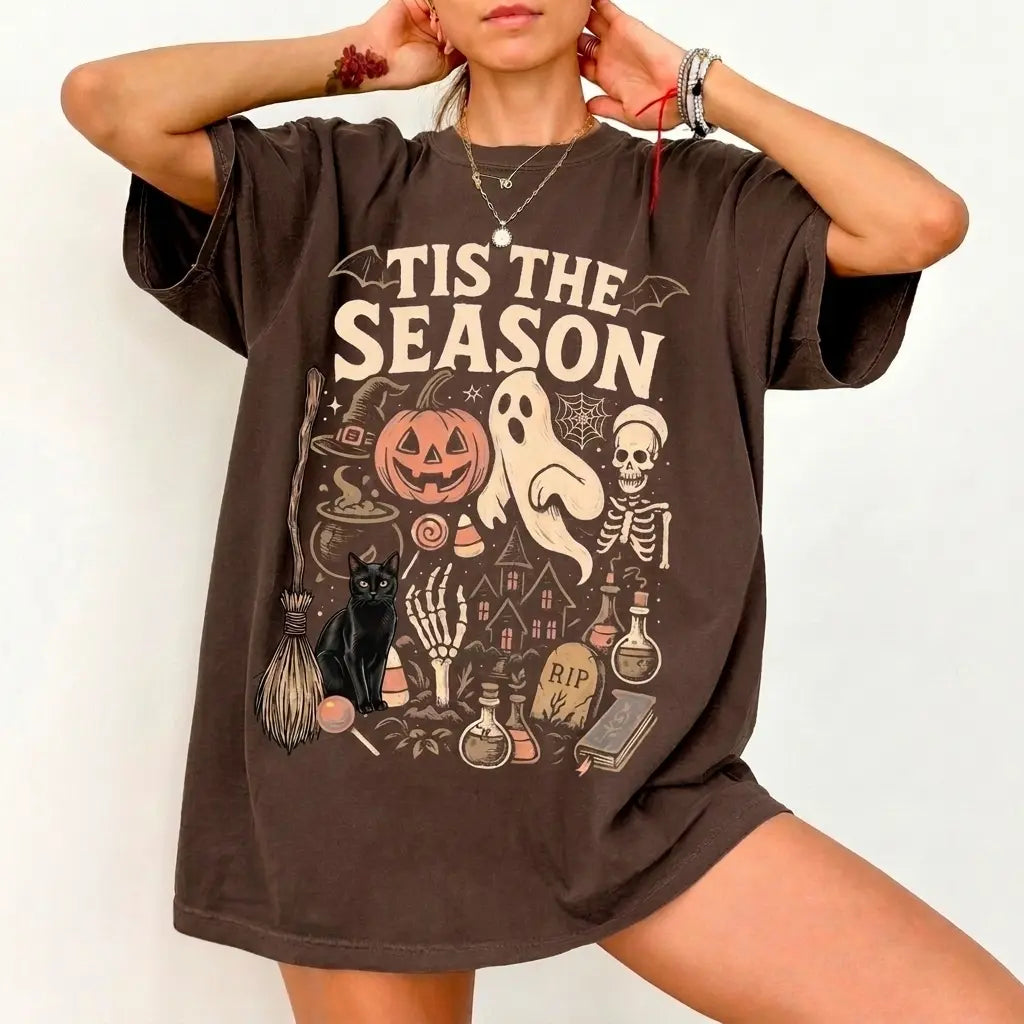 Tis the Season Halloween Graphic T-Shirt, Sweatshirt & Hoodie – Ghost, Pumpkin & Black Cat Spooky Season Print, Cute Fall Halloween Apparel