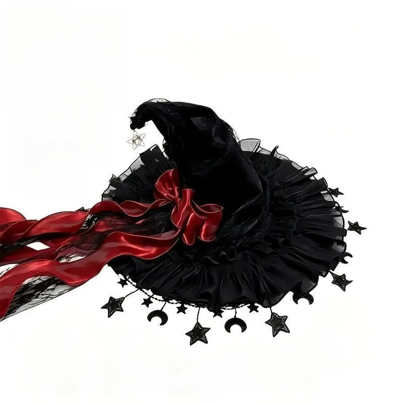 Women’s Gothic Witch Hat with Tulle & Long Satin Ribbon Bow – Star & Moon Charm Ruffle Brim Halloween Costume Hat