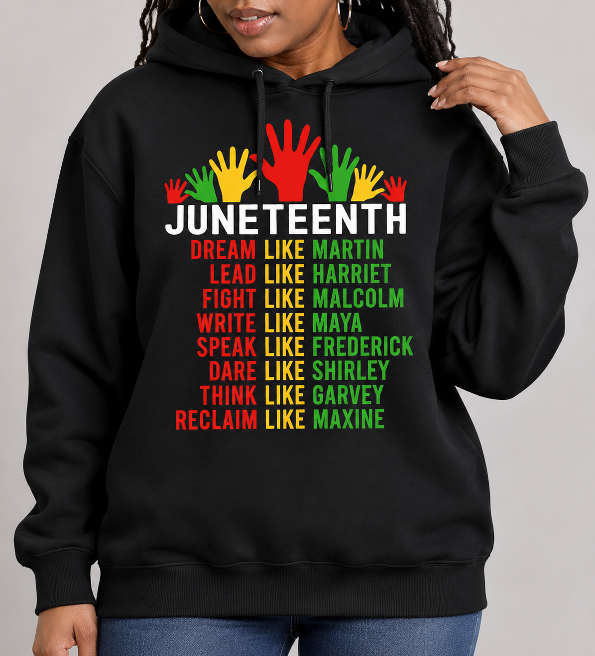Women's & Men's Black Juneteenth T-Shirt/Sweatshirt/Hoodie - 100% Short Sleeve Crew Neck with African History Icons (Martin, Malcolm, Maya, Garvey) - Casual Juneteenth Celebration Apparel, Regular Fit Unisex Tee