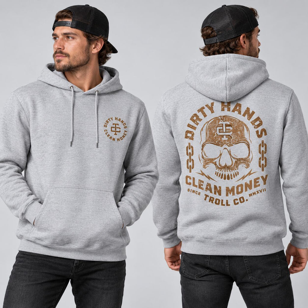 Dirty Hands Clean Money Skull Graphic T-Shirt, Sweatshirt & Hoodie – Blue Collar Hard Work Double-Sided Print Apparel