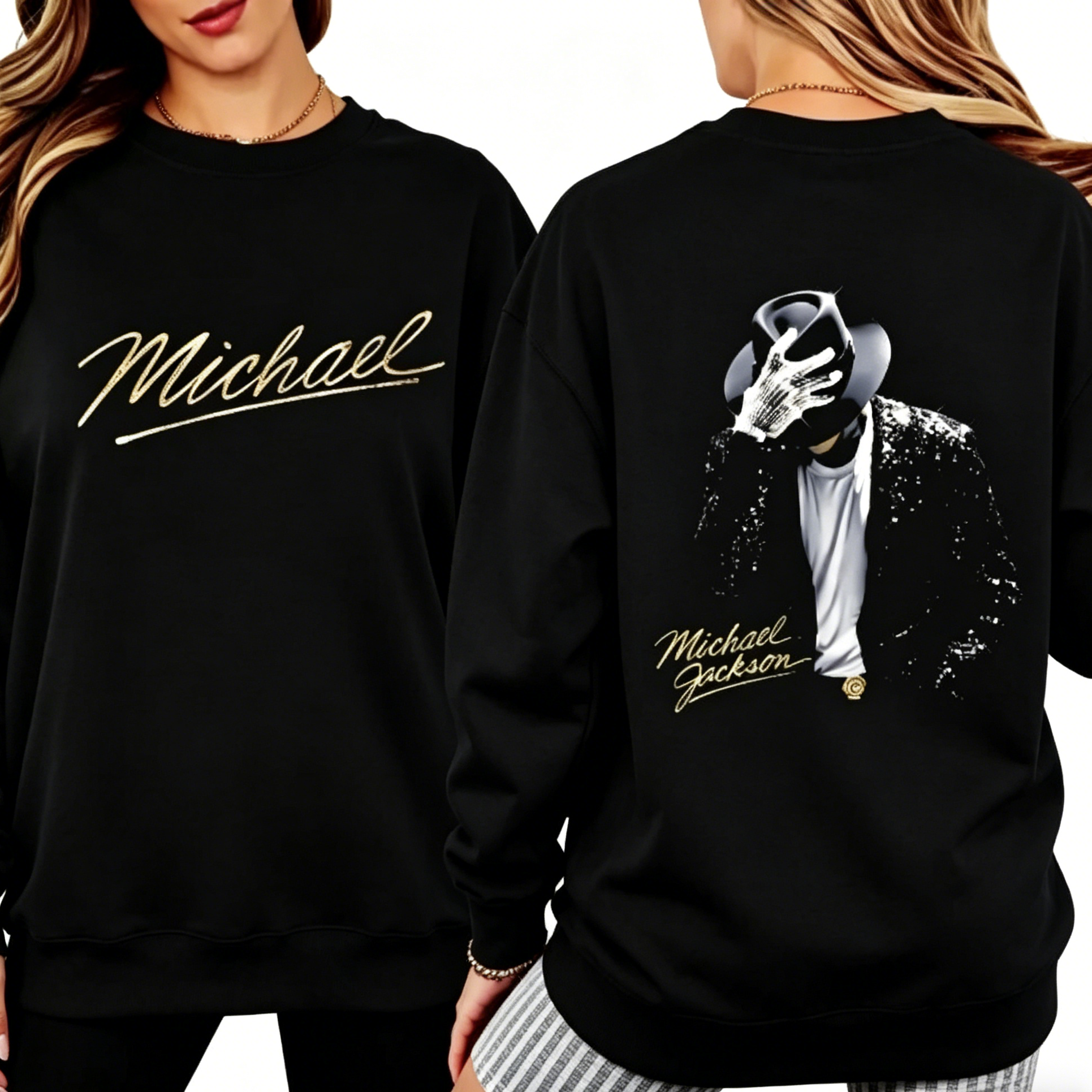 Michael Jackson Black & Gold Dance Graphic Rhinestone T-Shirt / Sweatshirt / Hoodie – Retro Stage Performer Style