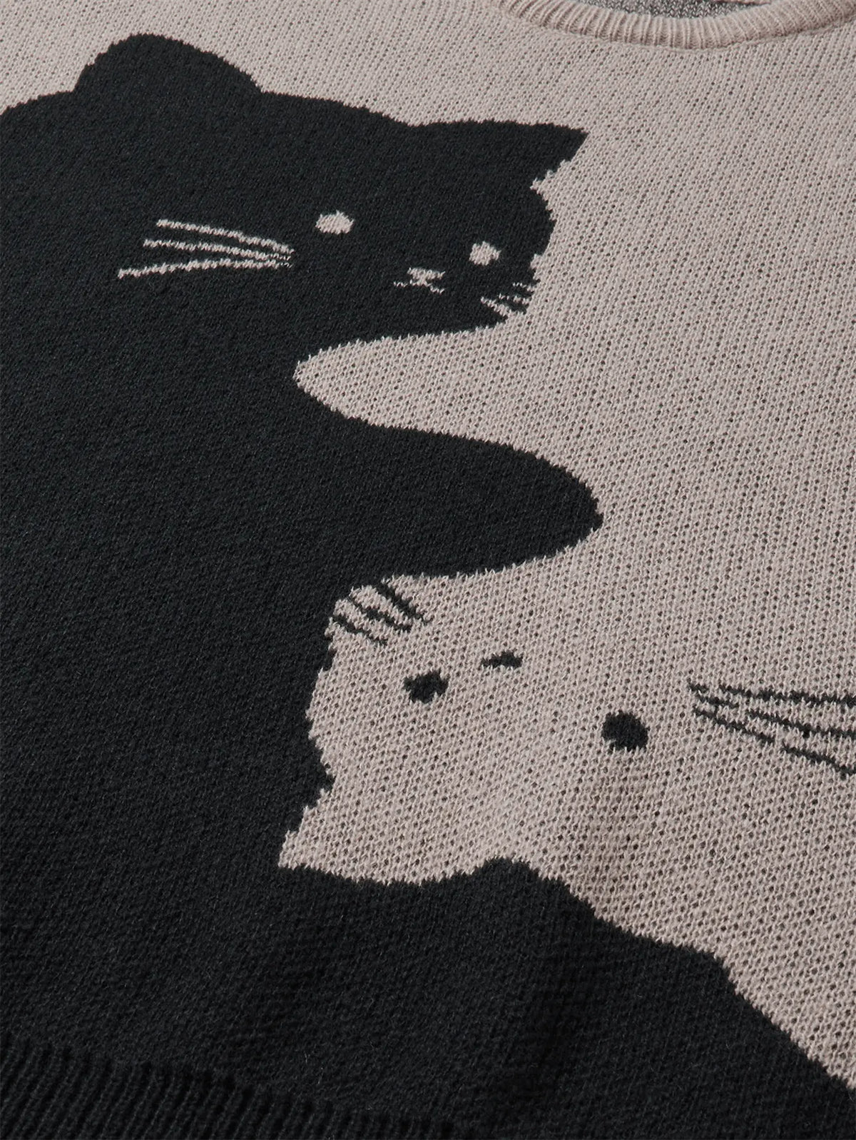 Funny Cat Graphic Knit Sweater – Oversized Crew Neck Pullover, Cute Black & White Cat Pattern Long Sleeve Knitwear, Casual Cozy Fall Winter Streetwear
