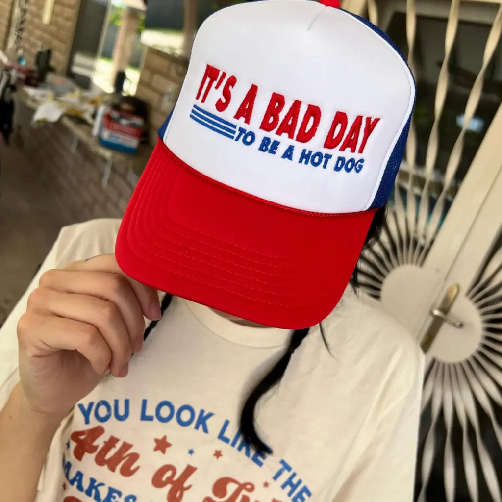 It's a Bad Day to Be a Hot Dog Embroidered Trucker Hat – Funny Meme Foam Snapback Cap, Retro Summer Statement Hat