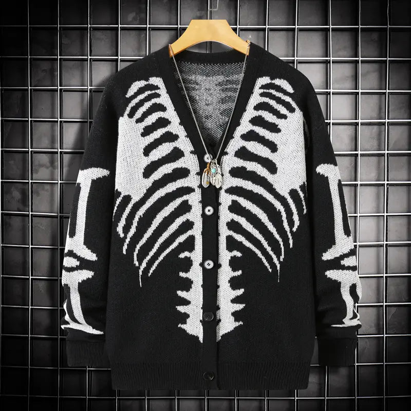Men’s Skeleton Rib Cage Knit Cardigan – Gothic V-Neck Button-Up Sweater, Oversized Halloween Streetwear