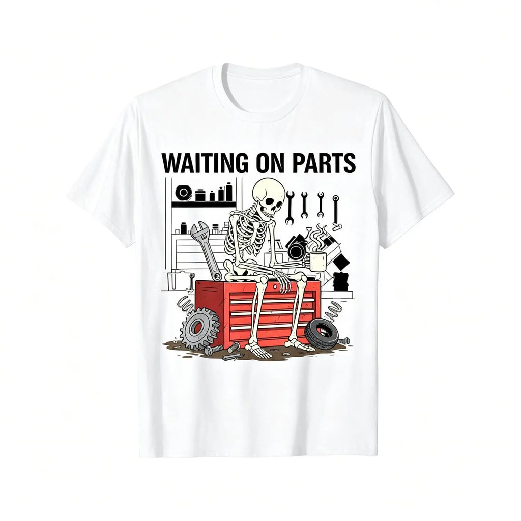 Waiting on Parts Mechanic Graphic T-Shirt, Sweatshirt & Hoodie – Funny Skeleton Auto Repair Print, Garage Mechanic Gift Apparel