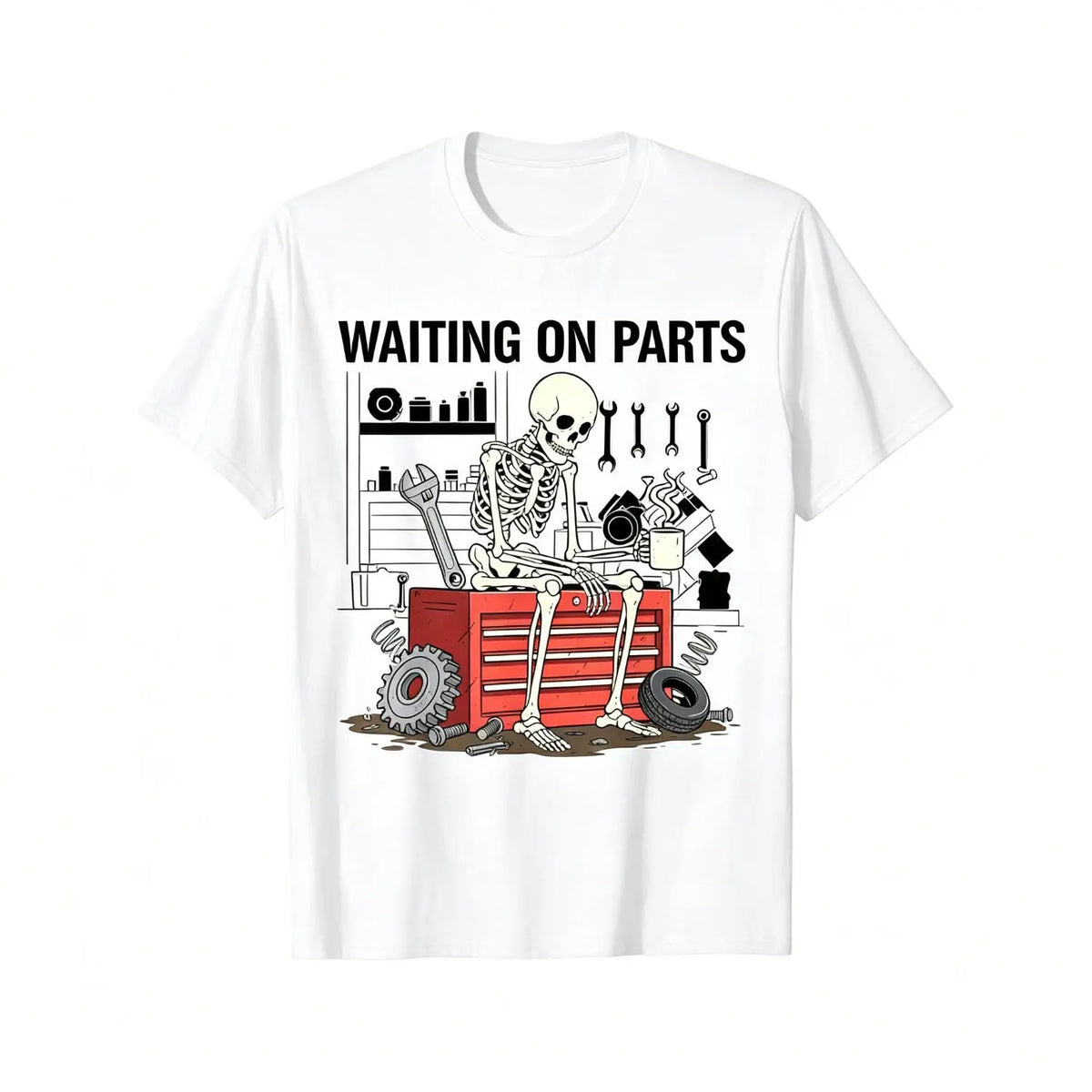Waiting on Parts Mechanic Graphic T-Shirt, Sweatshirt & Hoodie – Funny Skeleton Auto Repair Print, Garage Mechanic Gift Apparel