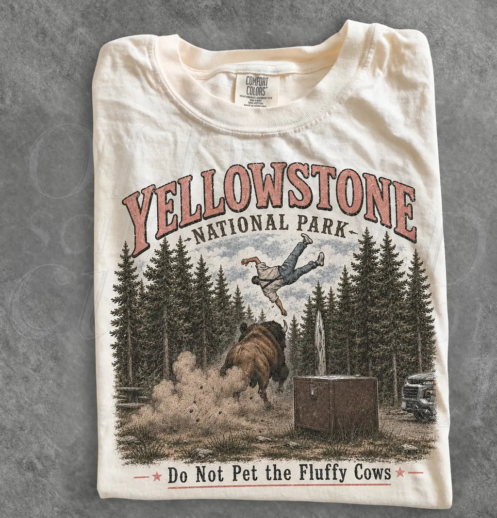 Yellowstone National Park "Do Not Pet The Fluffy Cows" T-Shirt – Vintage Bison Graphic Tee for Camping, Hiking & Outdoor Adventure