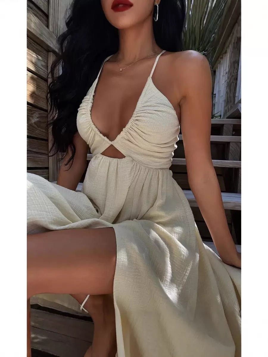 Women's Halter Cut-Out Maxi Dress – Backless Boho Beach Vacation Dress with High Slit, Flowy Summer Resort Outfit