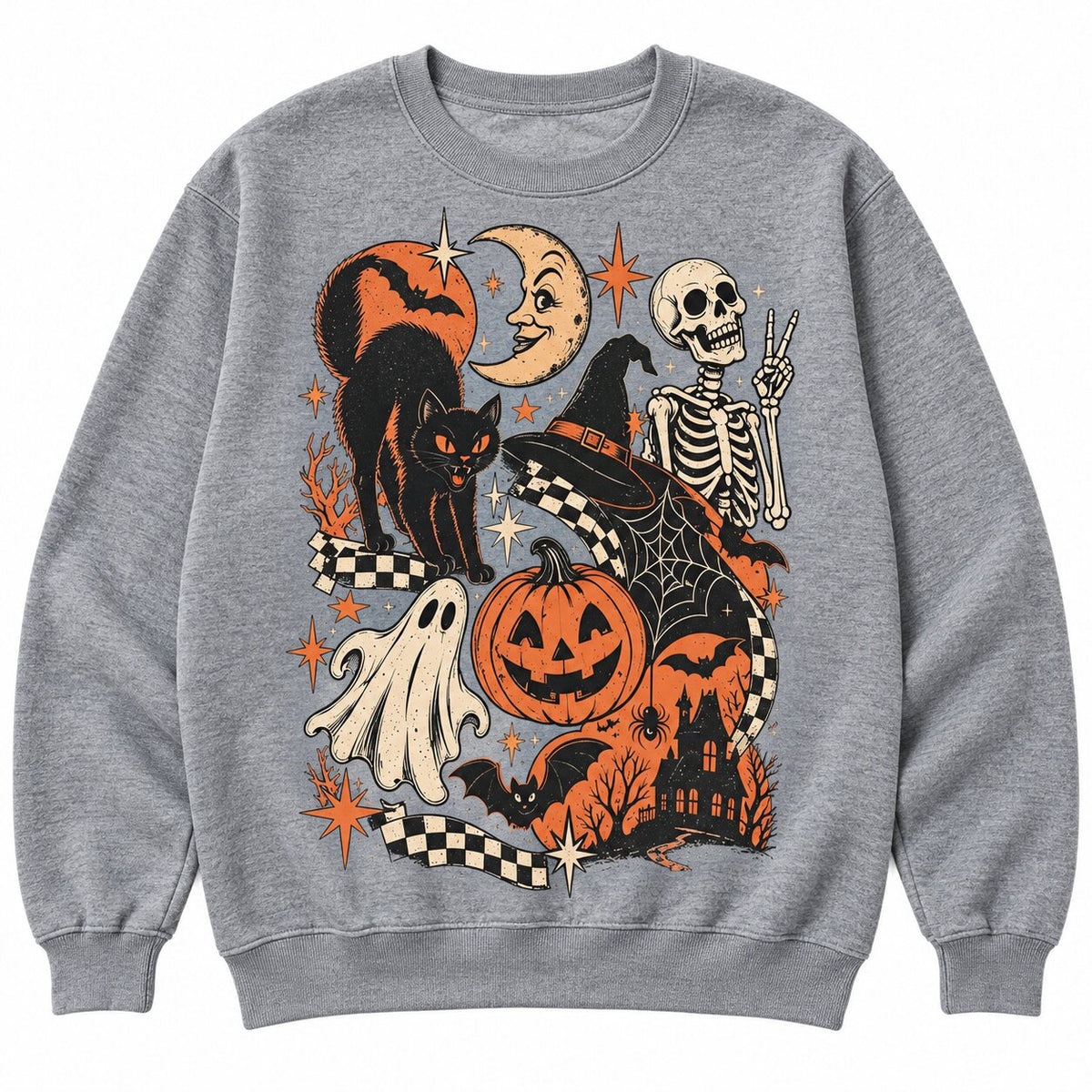 Retro Halloween Black Cat Ghost & Skeleton T-Shirt, Sweatshirt & Hoodie – Spooky Cute Vintage Graphic Apparel