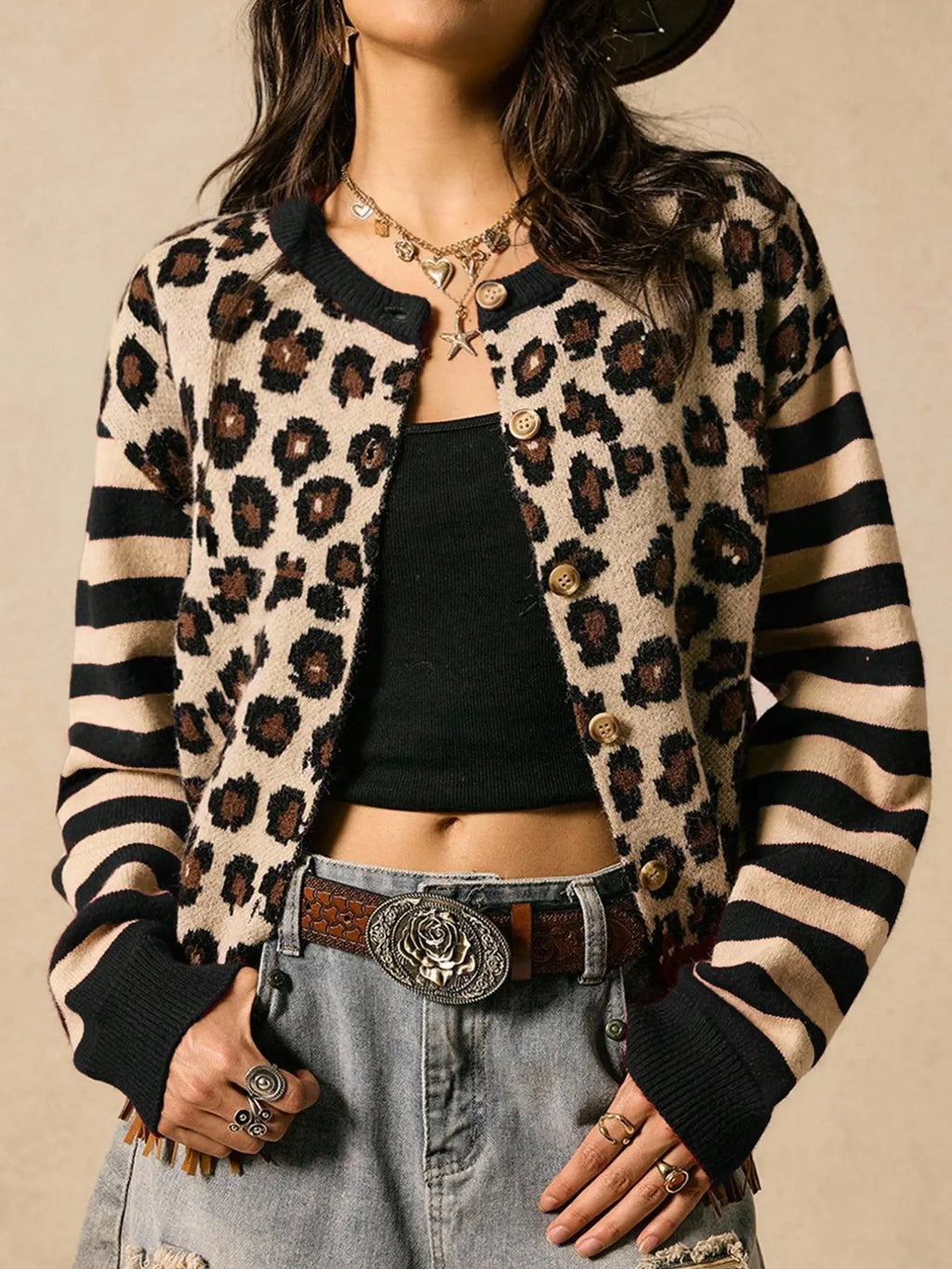 Women's Leopard Print Striped Knit Cardigan – Retro Western Button Front Long Sleeve Sweater