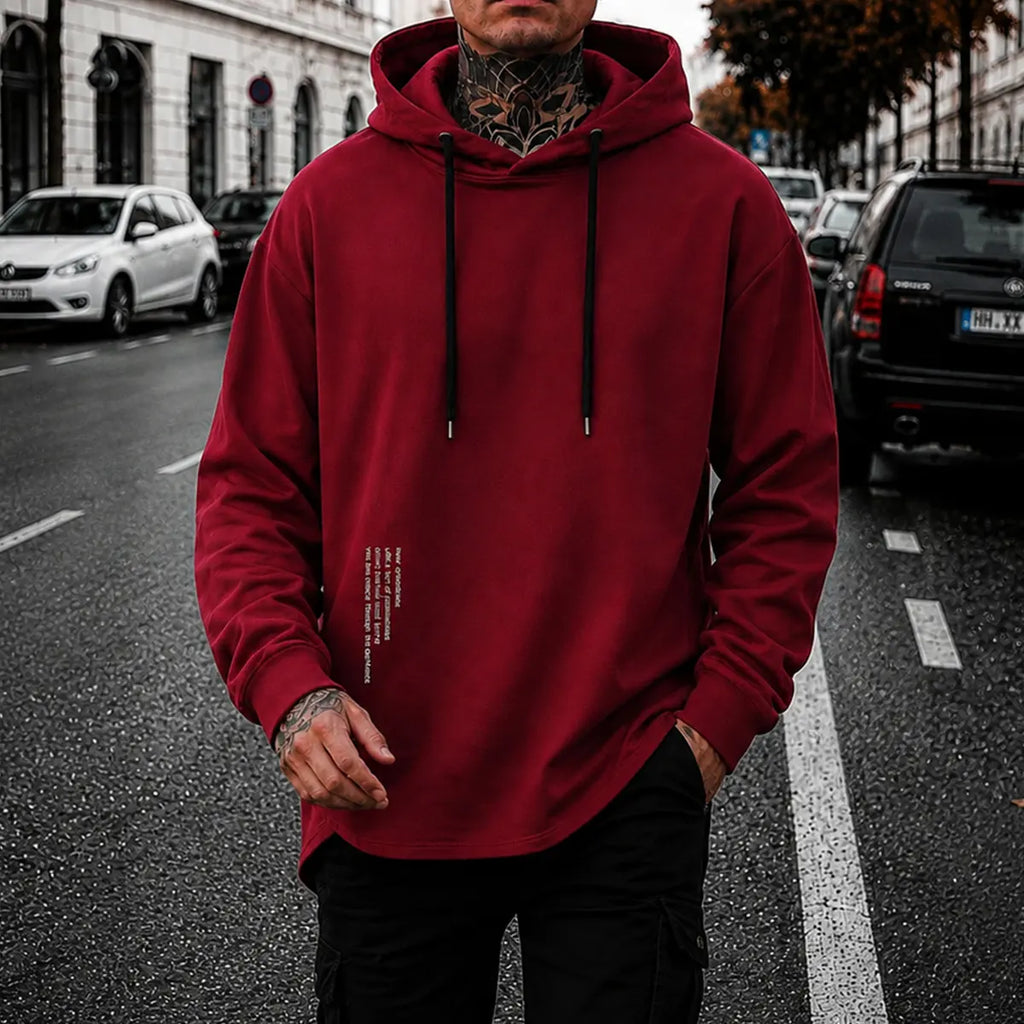 Men’s Minimalist Pullover Hoodie – Casual Letter Graphic Drawstring Sweatshirt, Relaxed Fit Streetwear Top for Everyday Wear