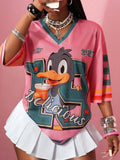 Y2K Retro Mesh Duck Smile Print Sporty Jersey, Women's Breathable V-Neck T-Shirt, Streetwear Festival Daily Fashion Top