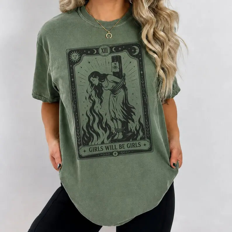 Girls Will Be Girls Graphic T-Shirt, Sweatshirt & Hoodie – Vintage Witchy Tarot Print, Feminist Halloween Statement Apparel