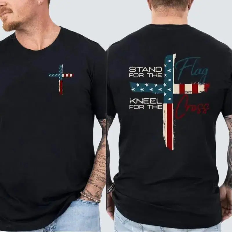Patriotic Christian T‑Shirt, Stand for Flag Kneel for Cross Tee, American Pride Religious Hoodie, Conservative Faith Sweatshirt for Men