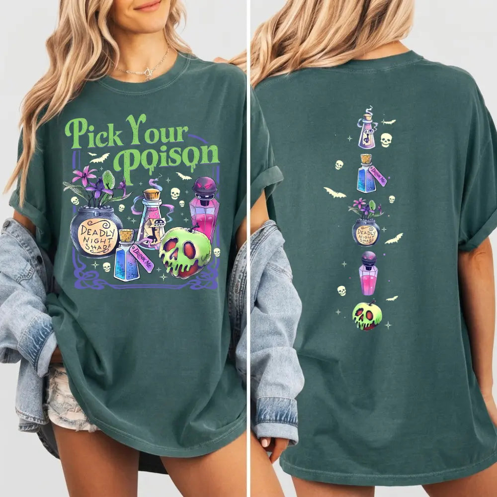 Pick Your Poison Halloween T-Shirt, Sweatshirt & Hoodie – Spooky Potion & Poison Apple Front and Back Graphic