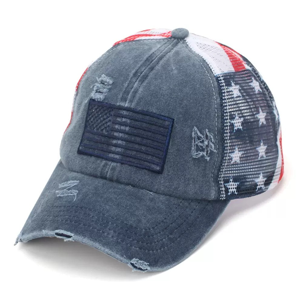 American Flag Patch Trucker Hat – Vintage Distressed Two-Tone Mesh Baseball Cap, Stars & Stripes Patriotic Hat for America 250, 4th of July & USA Lifestyle