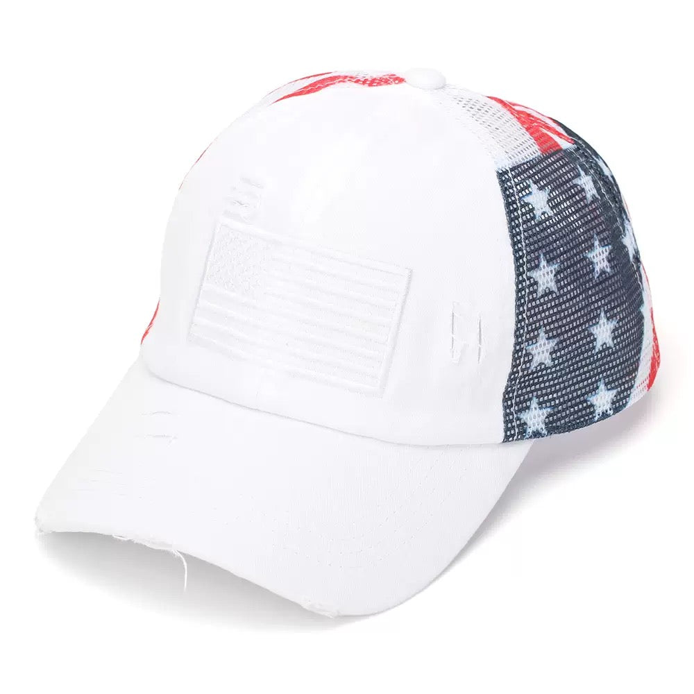 American Flag Patch Trucker Hat – Vintage Distressed Two-Tone Mesh Baseball Cap, Stars & Stripes Patriotic Hat for America 250, 4th of July & USA Lifestyle
