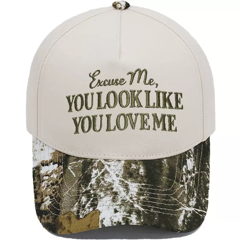 Excuse Me You Look Like You Love Me Trucker Hat – Two-Tone Camo Brim Snapback Cap, Funny Western Country Hat for Men & Women