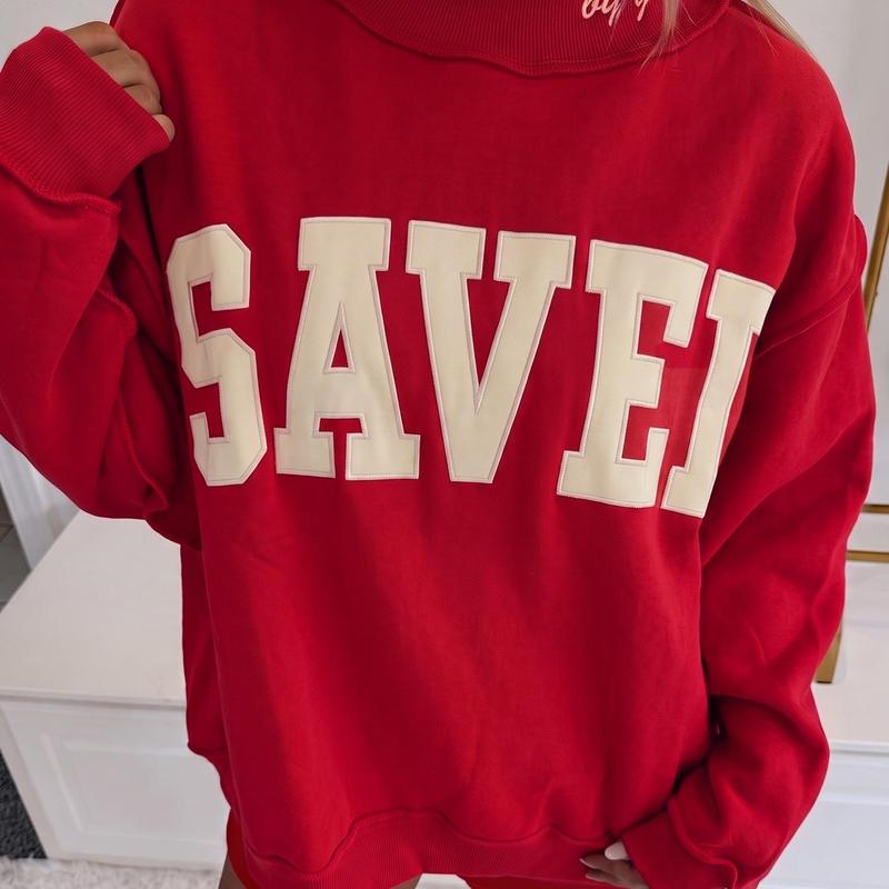 Saved By Grace Oversized Mock Neck Sweatshirt – Christian Faith Collegiate Letter Pullover for Women