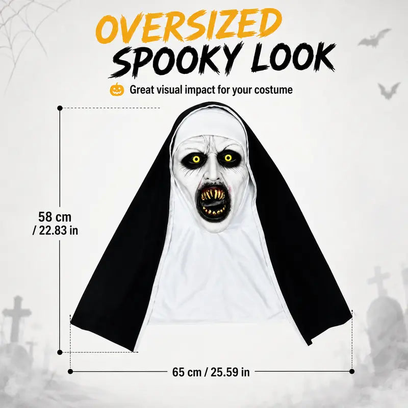 Scary Nun Halloween Mask – Creepy Full Head Horror Mask with Yellow Eyes & Fangs, Halloween Costume & Cosplay