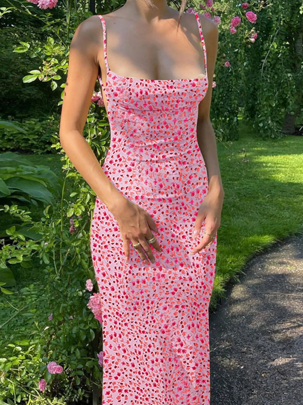 Women's Ditsy Floral Maxi Dress – Backless Spaghetti Strap Cami Dress, Boho Summer Vacation & Beach Outfit