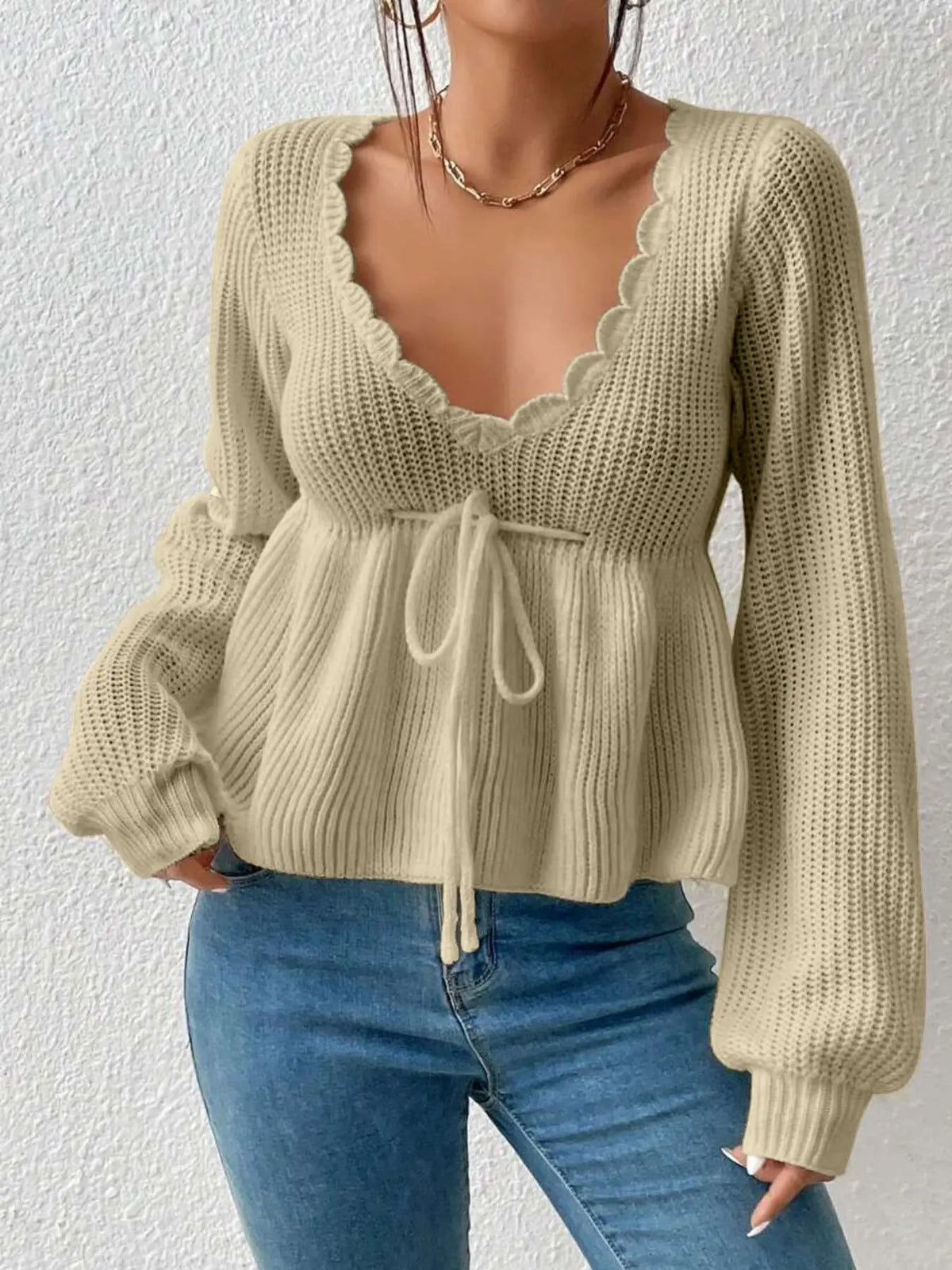 Women’s Deep V-Neck Peplum Knit Sweater – Scallop Trim Tie-Front Top with Bishop Sleeves, Feminine Fall Knitwear