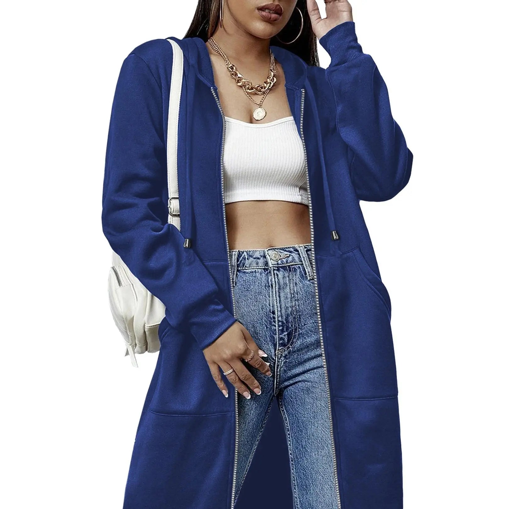 Women's Long Zip Up Hoodie Jacket – Casual Hooded Sweatshirt Coat, Longline Streetwear Outerwear for Fall & Everyday Wear