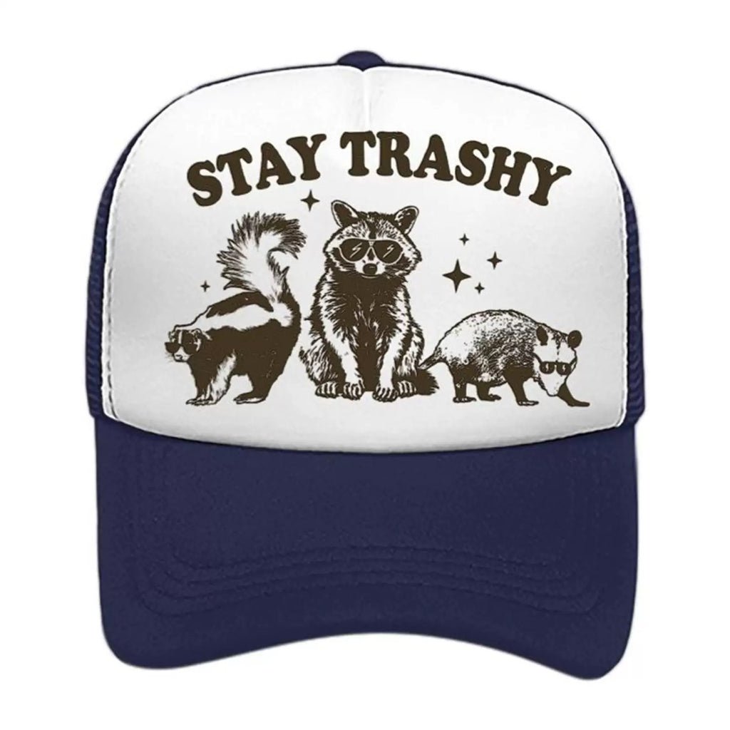 Stay Trashy Foam Trucker Hat – Funny Woodland Animal Graphic Mesh Baseball Cap for Men & Women