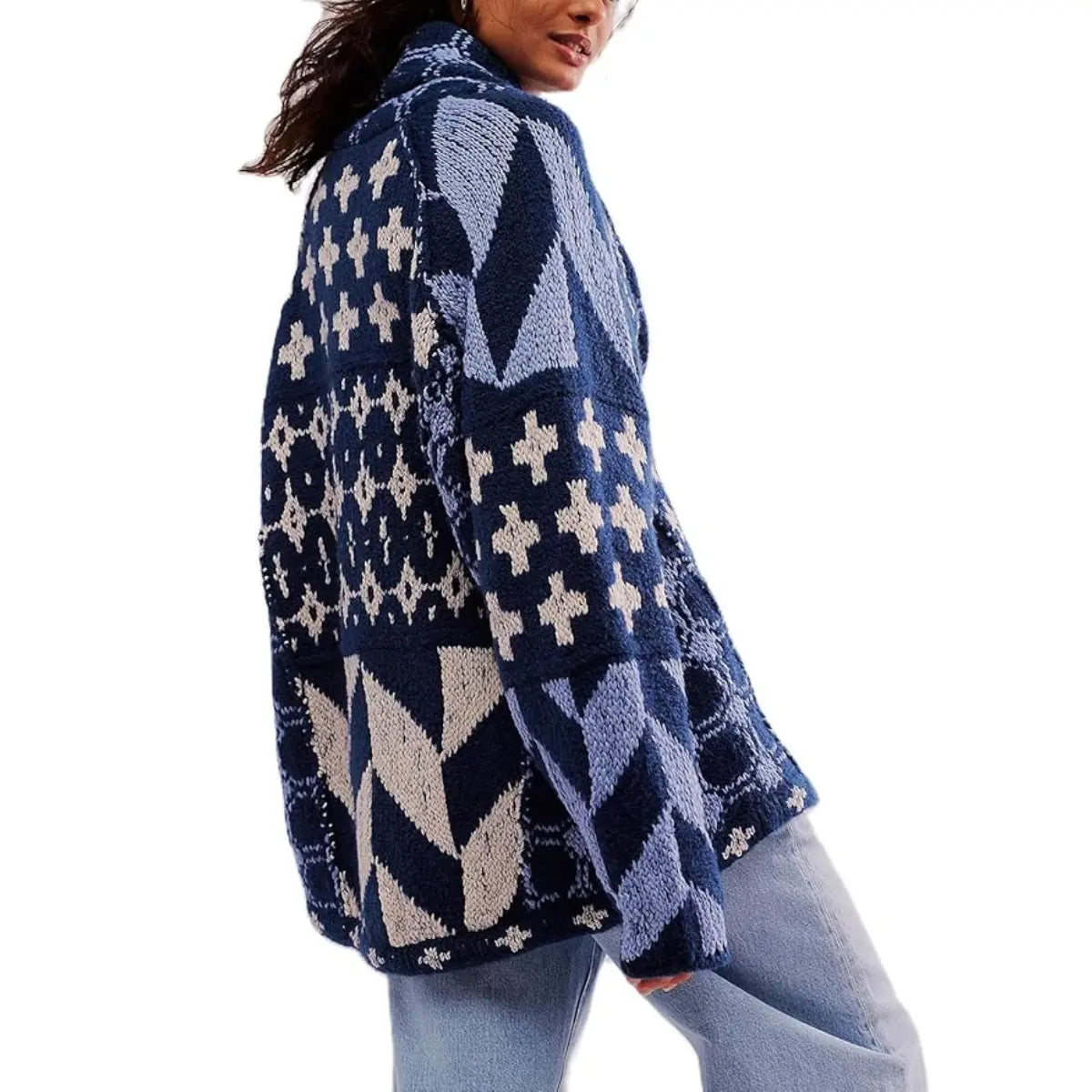 Unisex Oversized Patterned Knit Cardigan – Vintage Boho Button-Front Sweater, Relaxed Long Sleeve Casual Fall Streetwear