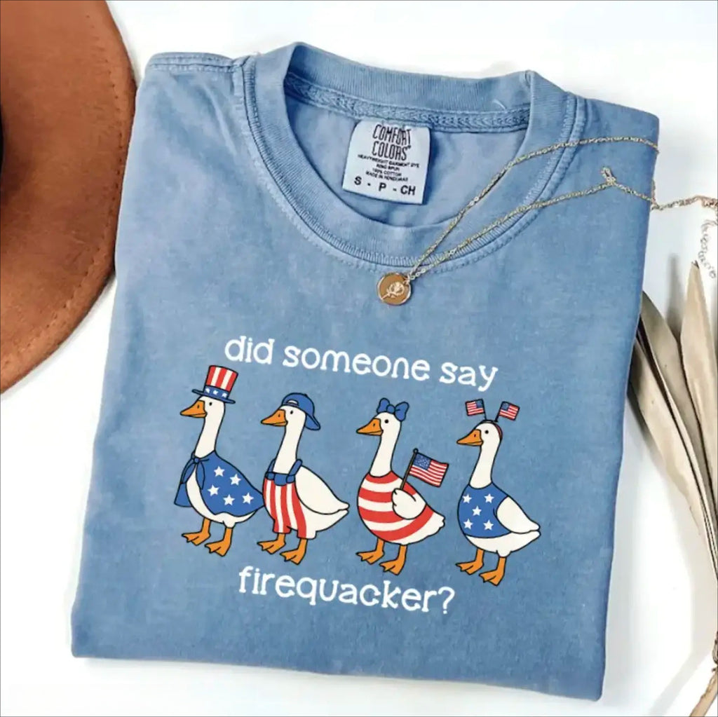 Firequacker Goose T-Shirt/Sweatshirt/Hoodie – Funny Patriotic American Flag Graphic Tee for America 250, 4th of July & Independence Day