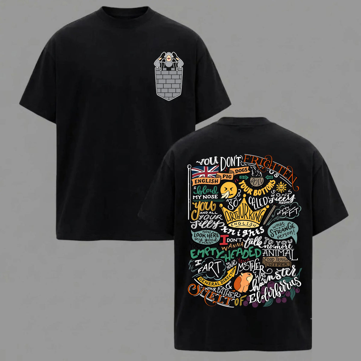 Monty Python and the Holy Grail 2-Sided Graphic T-Shirt, Sweatshirt & Hoodie – Classic British Comedy Movie Shirt