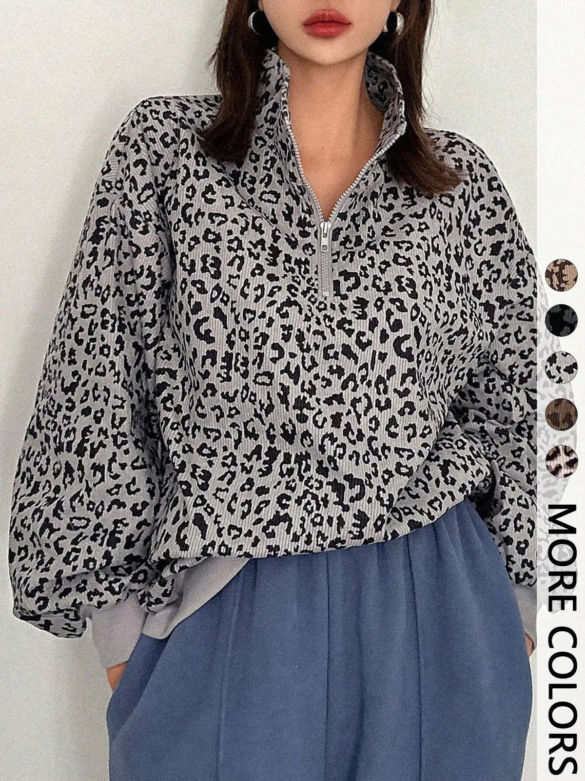Women's Leopard Print Half Zip Pullover – Oversized Drop Shoulder Long Sleeve Top, Contrast Trim Casual Streetwear Sweatshirt