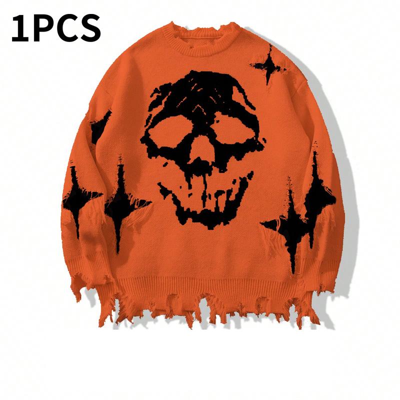 Vintage Distressed Skull Knit Sweater – Gothic Ripped Graphic Pullover, Alternative Streetwear