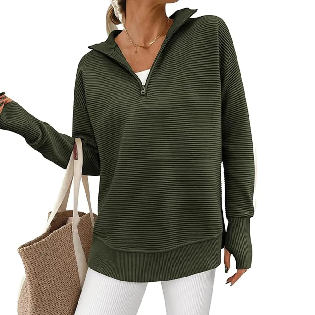 Women's Quarter Zip Ribbed Knit Pullover – Loose Fit Collared V Neck Sweater Top, Casual Long Sleeve Layering Shirt