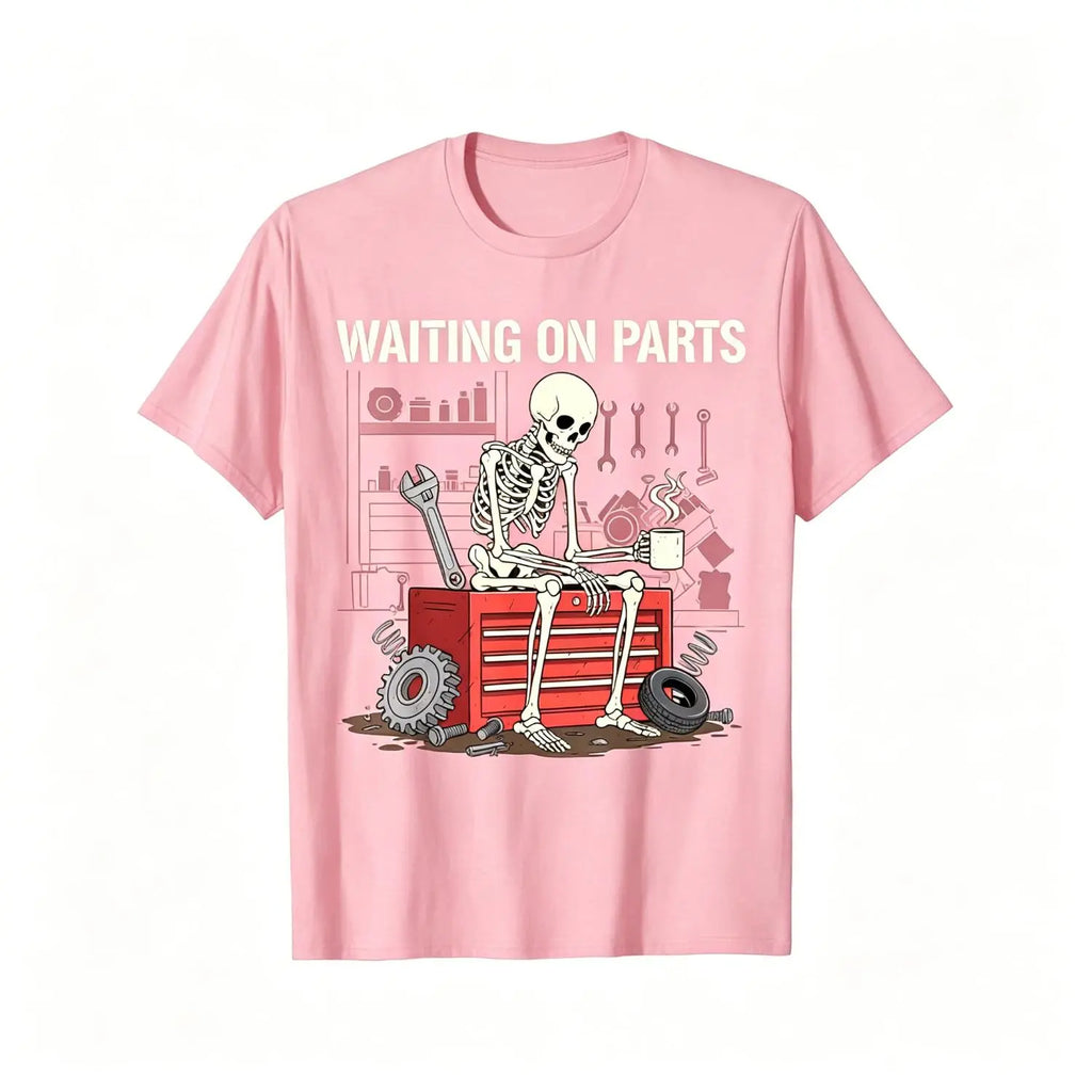 Waiting on Parts Mechanic Graphic T-Shirt, Sweatshirt & Hoodie – Funny Skeleton Auto Repair Print, Garage Mechanic Gift Apparel