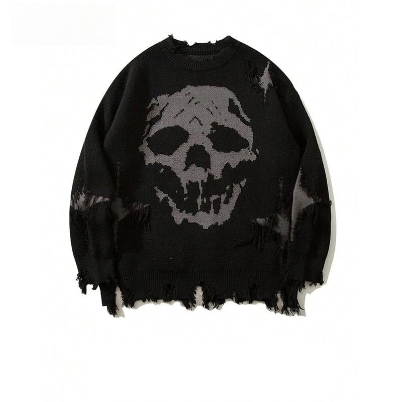 Vintage Distressed Skull Knit Sweater – Gothic Ripped Graphic Pullover, Alternative Streetwear