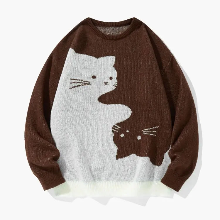 Funny Cat Graphic Knit Sweater – Oversized Crew Neck Pullover, Cute Black & White Cat Pattern Long Sleeve Knitwear, Casual Cozy Fall Winter Streetwear
