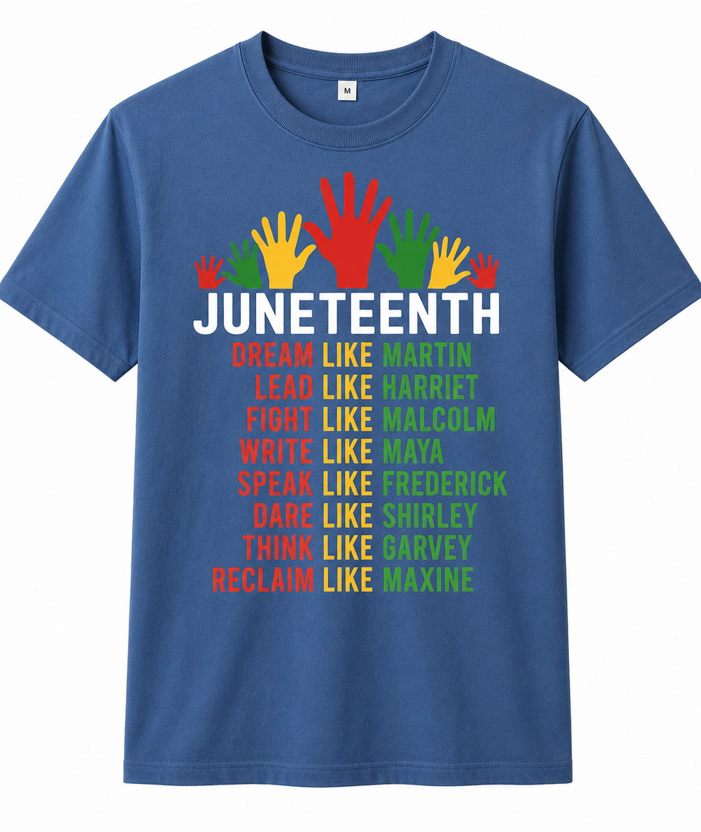 Women's & Men's Black Juneteenth T-Shirt/Sweatshirt/Hoodie - 100% Short Sleeve Crew Neck with African History Icons (Martin, Malcolm, Maya, Garvey) - Casual Juneteenth Celebration Apparel, Regular Fit Unisex Tee