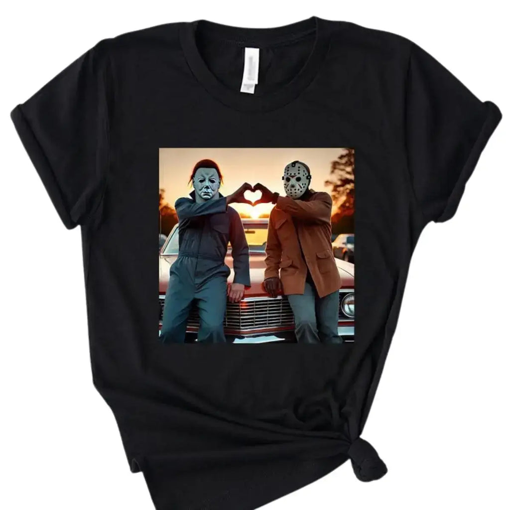 Michael Myers & Jason Heart Hands Graphic T-Shirt, Sweatshirt & Hoodie – Funny Halloween Horror Movie Shirt