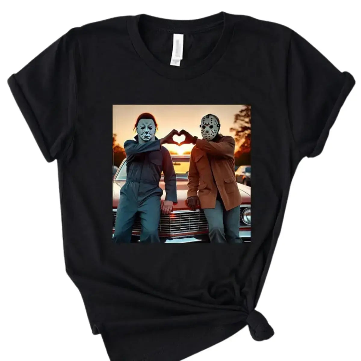 Michael Myers & Jason Heart Hands Graphic T-Shirt, Sweatshirt & Hoodie – Funny Halloween Horror Movie Shirt