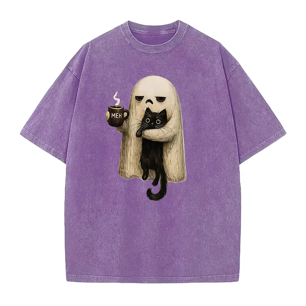 Meh Ghost & Black Cat T-Shirt, Sweatshirt & Hoodie – Funny Halloween Coffee Graphic, Spooky Cat Lover Design, Sarcastic Cute Halloween Gift