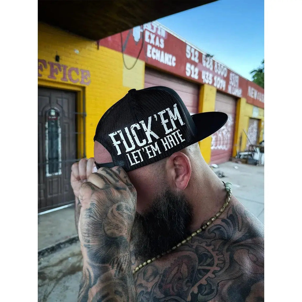 Fuck 'Em Let 'Em Hate Snapback Hat – Bold Side Print Flat Bill Cap, Edgy Attitude Streetwear for Men