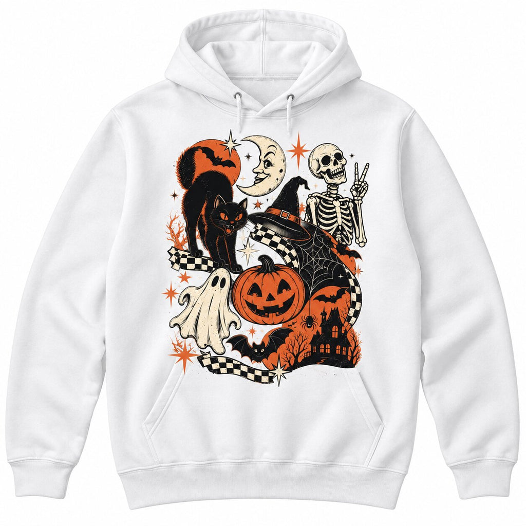 Retro Halloween Black Cat Ghost & Skeleton T-Shirt, Sweatshirt & Hoodie – Spooky Cute Vintage Graphic Apparel