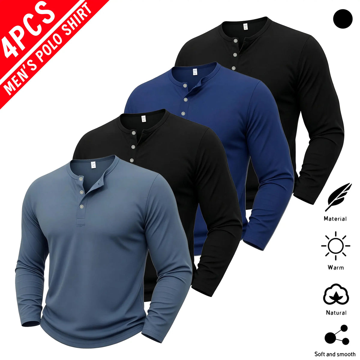 4-Pack Men’s Long Sleeve Henley Shirts – Classic Button Neck Casual Tops, Soft Comfortable Everyday Basic Shirts
