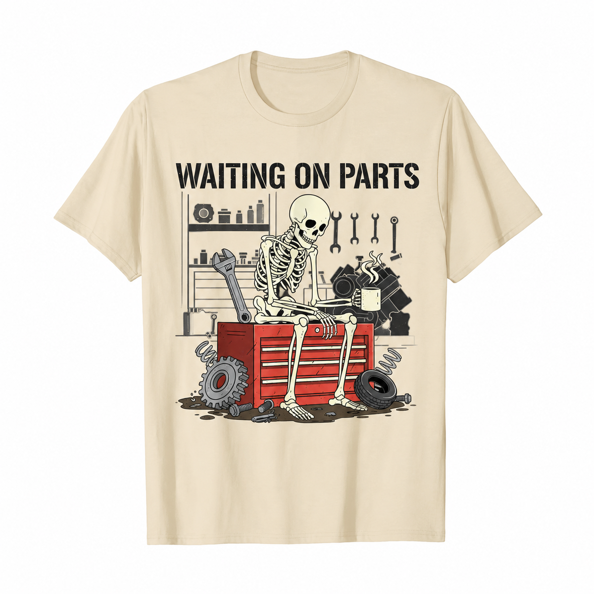 Waiting on Parts Mechanic Graphic T-Shirt, Sweatshirt & Hoodie – Funny Skeleton Auto Repair Print, Garage Mechanic Gift Apparel
