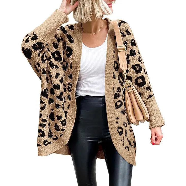 Leopard Print Fuzzy Knit Cardigan – Cozy Open Front Oversized Sweater, Casual Fall & Winter Layering